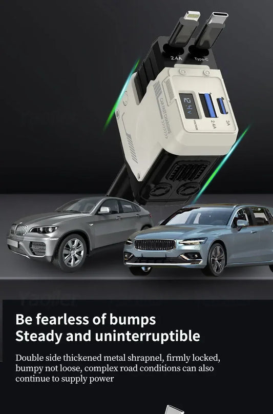 📲🚘Chargeur de Voiture 120W 4-en-1 – Ultra Rapide, Rétractable, Universel & Intelligent⚡