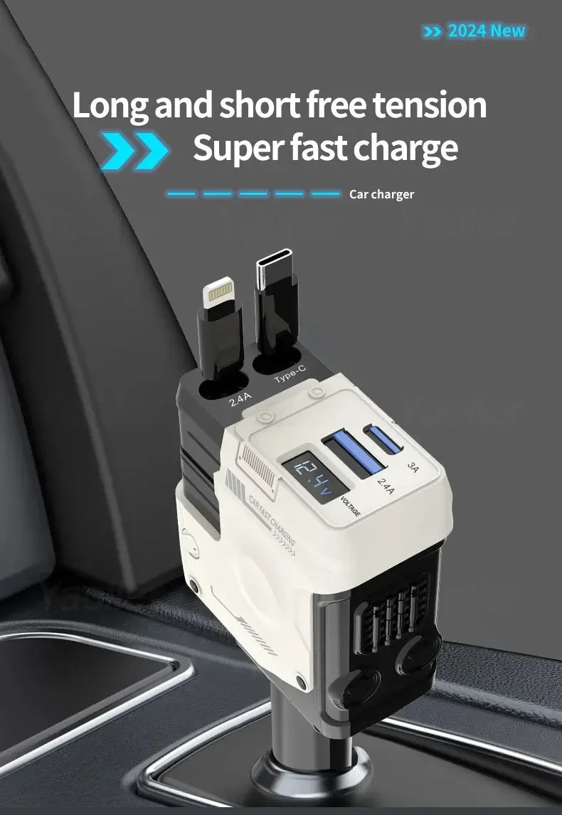 📲🚘Chargeur de Voiture 120W 4-en-1 – Ultra Rapide, Rétractable, Universel & Intelligent⚡