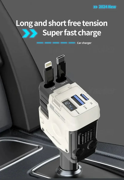 📲🚘Chargeur de Voiture 120W 4-en-1 – Ultra Rapide, Rétractable, Universel & Intelligent⚡